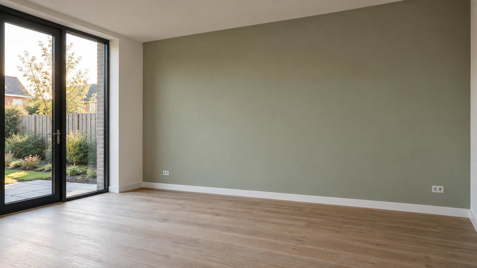 Dezelfde ontwerpvisualisatie met afgewerkte groene en witte wanden