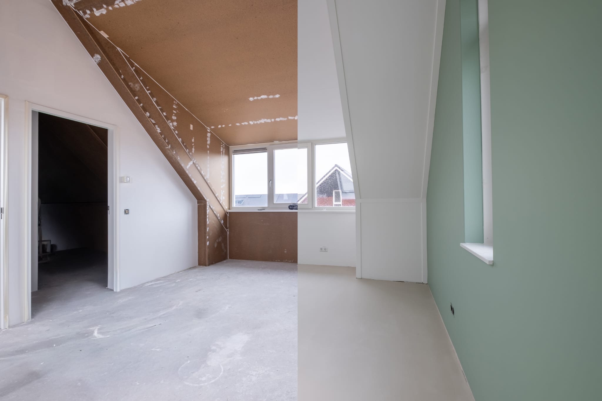 Zolder: links vóór de afwerking, rechts na renovlies en schilderwerk